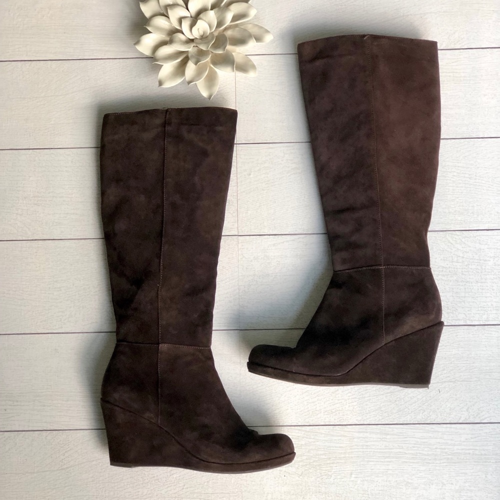 Genuine suede wedge booties size 10
